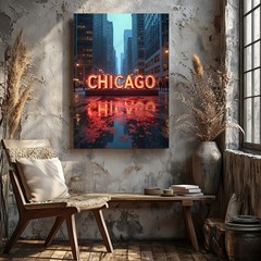 Chicago Cityscape Canvas Wall Art Urban Street Lights Sunset Print Home Decor