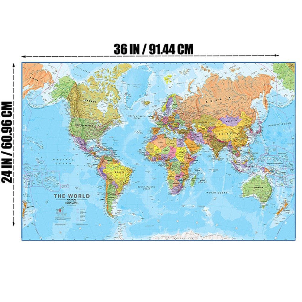 24″x36″ World Map Atlas Print Poster Wall Chart Classic Mural Decor Education