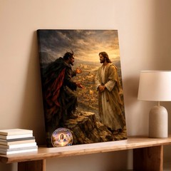 Wall Art Religious Painting Jesus and Devil Mountain Cliff Scene Canvas Print