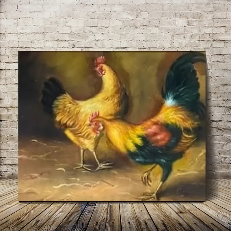 A painting of two roosters fighting in a barn Wall Art Canvas Unframed/Framed