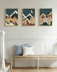 Morden Mountains Framed Wall Art Boho Woodcut Pine Tree Forest Nature Landsca…