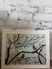 Framed Horizontal Wall Art Print Two Red Birds on Tree Branches Cardinal