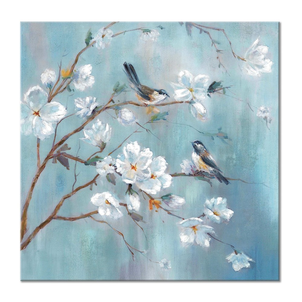 White Floral Canvas Artwork Wall: Elegant Flower Tree and Birds Wall Art Pain…