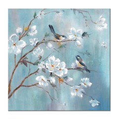 White Floral Canvas Artwork Wall: Elegant Flower Tree and Birds Wall Art Pain…
