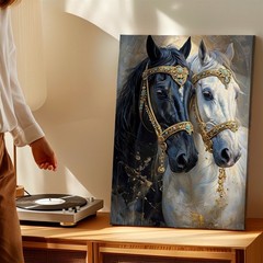 Wall Art Black and White Horses Canvas Print Gold Bridle Animal Decor 16×24