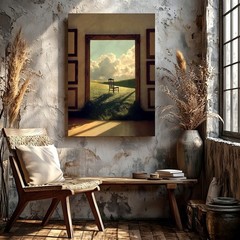 Wall Art Surreal Landscape Print Chair in Open Frame Meadow Clouds Poster Print