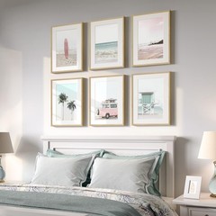 Framed Pink and Mint Green Coastal Wall Art for Living Room, 6 Piece Palm Tre…