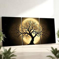 3 Pieces Golden Moonlit Tree Gold Large Wall Art Set for Bedroom Set Of 3