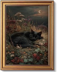 Black Cat Wall Art Decor, Vintage Gold Framed Sleeping Cat Canvas Print, Dark…