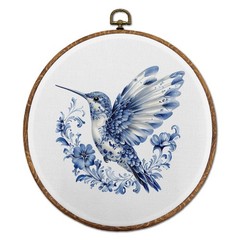 Blue and White Chinoiserie Hummingbird Round Wall Art, Vintage Delft Blue Ant…