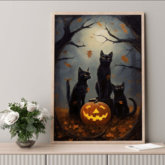 Framed Canvas Three Black Cats Full Moon Pumpkin Fall Dark Forest Vintage Art