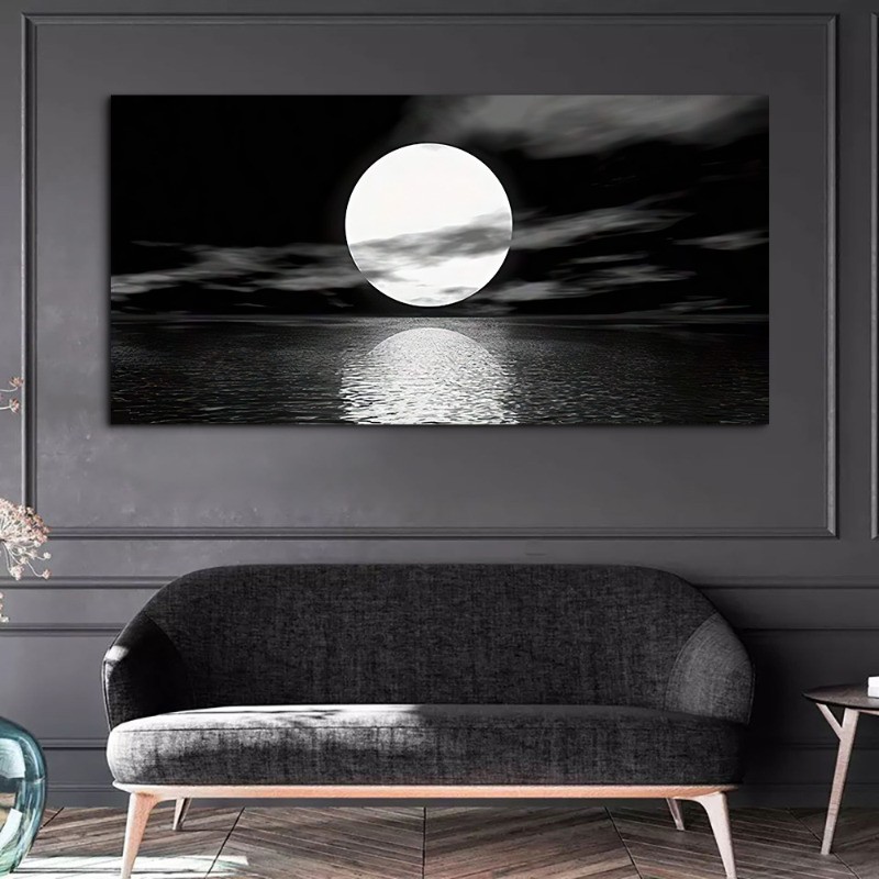 Black and White Moon Ocean Landscape Canvas Painting Canvas Wall Art Wall Poster