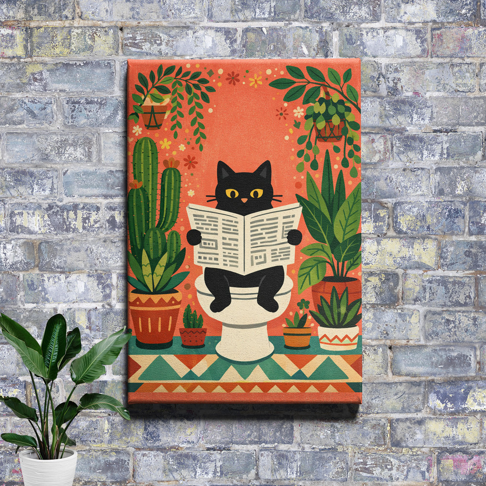 Funny Cat Toilet Scene Wall Art Reading Newspaper Surrounded Decor