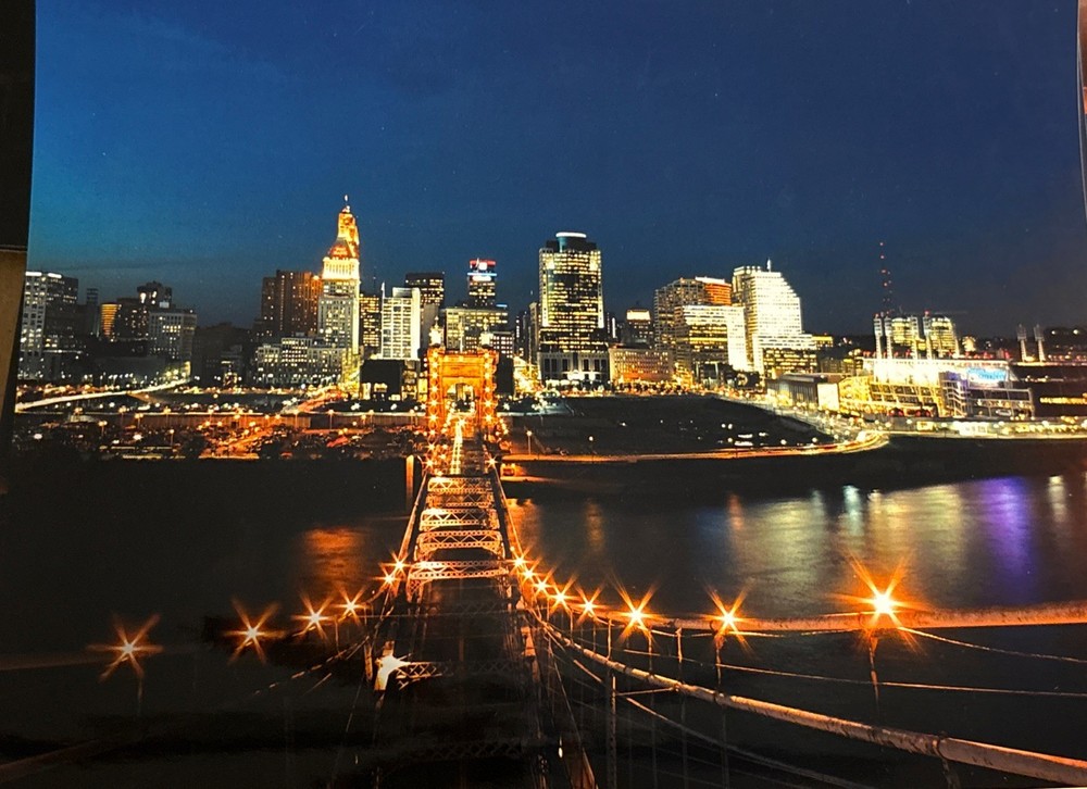 Cincinnati City Skyline and Roebling Bridge At Night 8×10 Photo