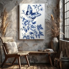 Blue And White Floral Butterfly Canvas Wall Art Elegant Decorative Home Decor