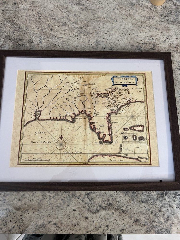 Florida Old Florida Map Large Brown Framed Art Print Wall Poster 17×14