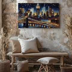 New York City Skyline Canvas Wall Art Night Cityscape Bridge Lights Print Decor