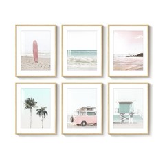 Framed Pink and Mint Green Coastal Wall Art for Living Room, 6 Piece Palm Tre…