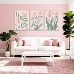 Pink Tulip Florals Canvas Wall Art Set Of 3,Boho Pink and Green Wall Decor Pi…