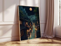 Tokyo Night Street Poster – Rainy Japanese Cityscape Full Moon Wall Art