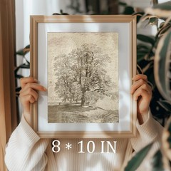Neutral Etching Vintage Tree Sketch Print, Tree Canvas Wall Art, Antique Rust…