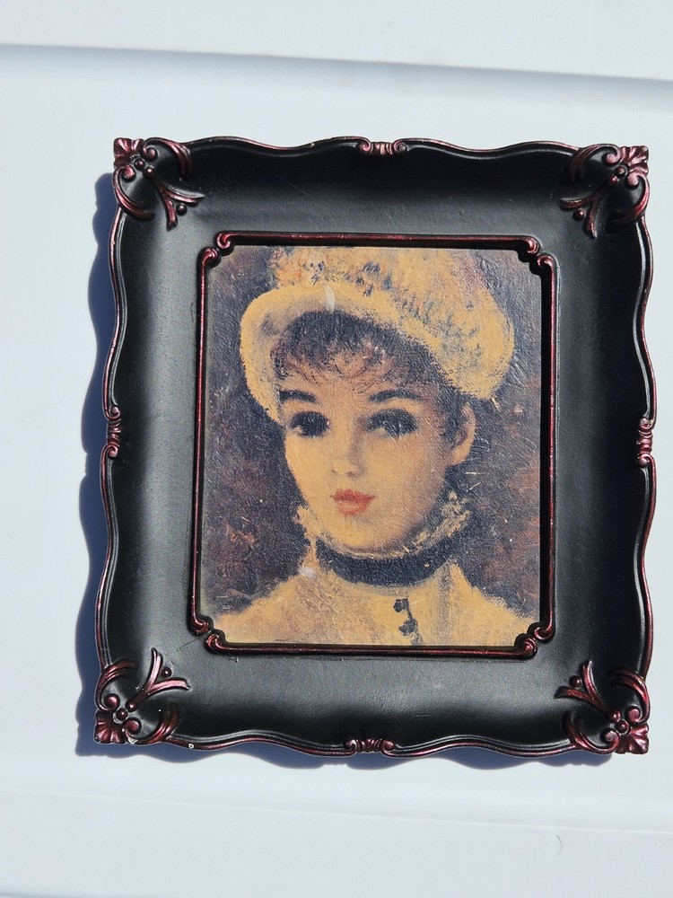 Vintage Renoir Style Lady Portrait Print Ornate Black Plastic Frame Decor Art