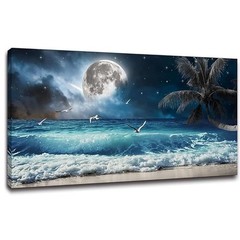 Moon Ocean Decor Beach Wall Art 20x40in Canvas Seascape Painting – Living Room