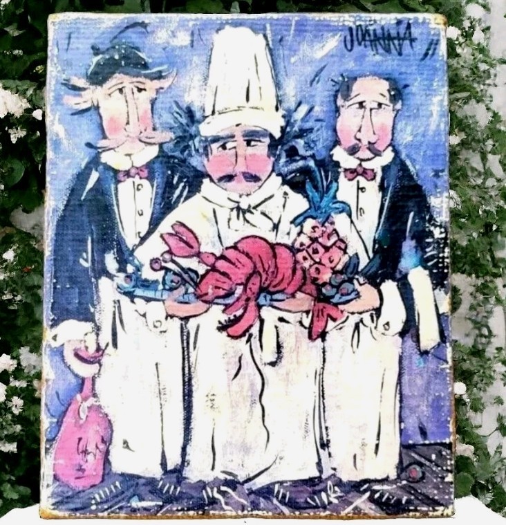 Joanna CHEF’S SPECIAL Lobster Dinner Signed Artwork Mounted on Burlap & Wood Art
