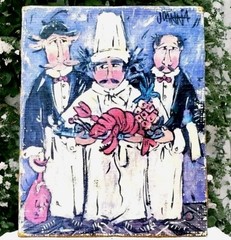 Joanna CHEF’S SPECIAL Lobster Dinner Signed Artwork Mounted on Burlap & Wood Art