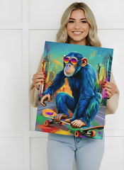 Cool Blue Chimp on Skateboard (16″ x 20″ Canvas Print) 100% Cotton 13oz Canvas