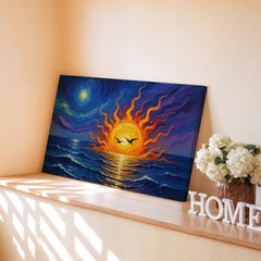 Sun and Moon Abstract Canvas Wall Art Ocean Landscape with Birds and Waves Decor