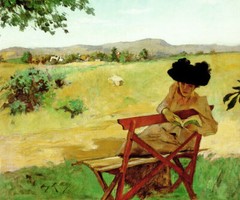 SUNSHINE AND SHADOW WOMAN READING BOOK 1895 PAINTING BY IRVING R. WILES REPRO