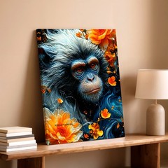 Monkey Portrait Orange Flowers Blue Abstract Animal Wall Art House Rustic Decor