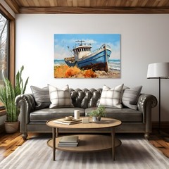 Old Fishing Boat Coastal Painting Print on Framed Canvas, Nautical Coastal Decor