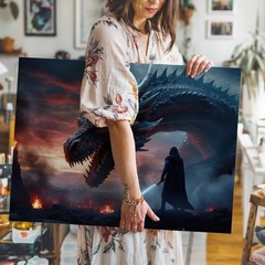 Dramatic Fantasy Scene Featuring A Massive, Intricately Detailed Dragon Wall Art