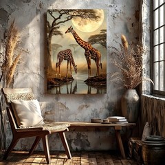 Wall Art Giraffe Pair Moonlit Safari Landscape Canvas Print Wildlife Home Decor