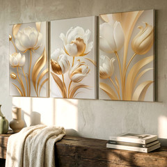 3 Pieces Elegant Gold White Tulips Large Wall Art Set for Bedroom Set Of 3