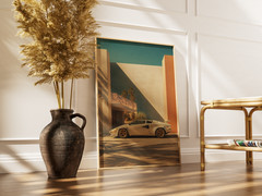 Vintage White Supercar Poster – 80s Desert Palm Architecture Wall Art Decor