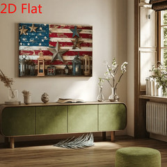 Vintage Flag Metal Stars Lanterns Canvas Wall Art, Rustic Patriotic Decor