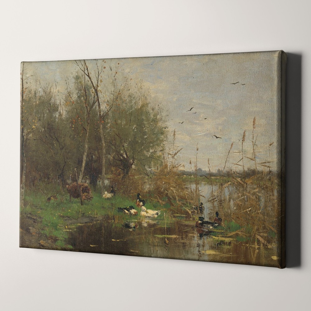Ducks by Duck Shelter Vintage Oil Painting Landscape Farm Canvas Wall Art Print