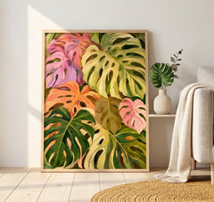 Vibrant Tropical Plant Art Print Variegated Monstera Leaf Poster Boho Wall Decor