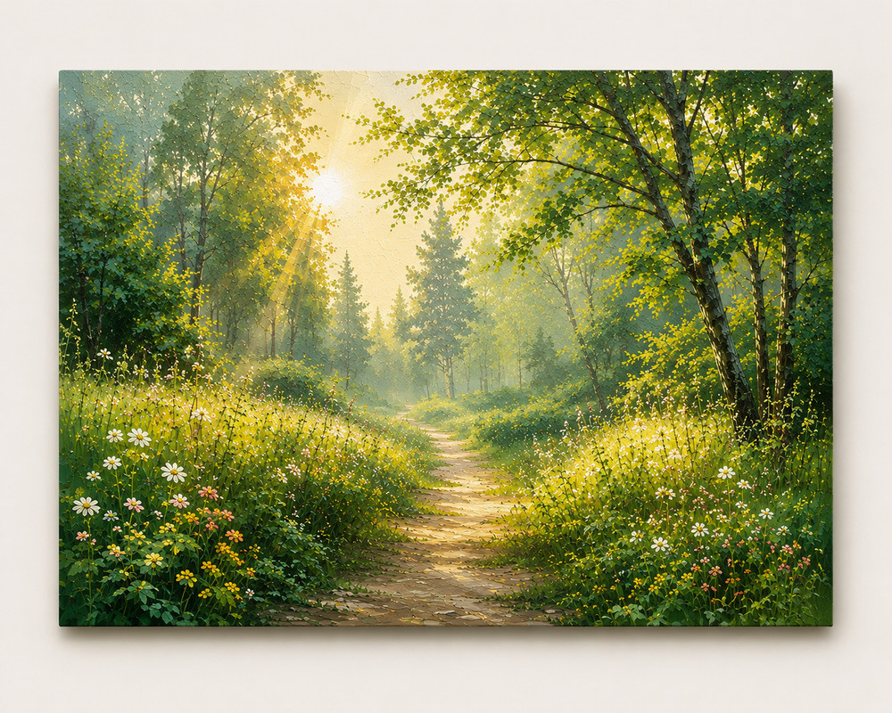 Sunlit Forest Path Mixed Canvas Wall Art Hand Painted Landscape Decor