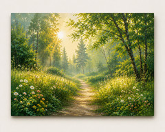Sunlit Forest Path Mixed Canvas Wall Art Hand Painted Landscape Decor