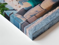 In A Modern Living Room, A Plush Light Gray Sofa, Accented Wall Art Canvas Print