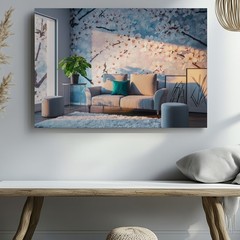 In A Modern Living Room, A Plush Light Gray Sofa, Accented Wall Art Canvas Print