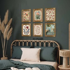 Vintage Floral Wall Art Poster Set of 6, Rustic Flower Bird Pictures Wall Dec…
