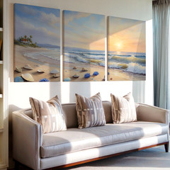 3 Pieces Serene Coastal Beach Scene Waves Sunset Large Wall Art for Set Of 3