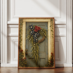 Rustic 4th of July Poster Patriotic Wreath Blue Door Country Home Wall Art Print