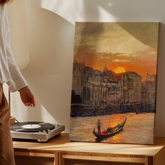 Sunset Venice Canal Landscape With Gondola And Cityscape Canvas Wall Art Print