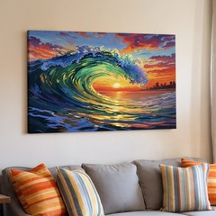 Vibrant Ocean Wave Sunset Coastal Beach Waves Seascape Modern Wall Art Print